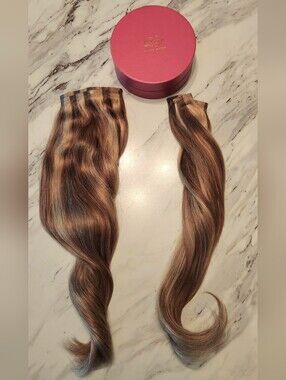 Luxy seamless clip in hair extensions Ash Brown Highlights